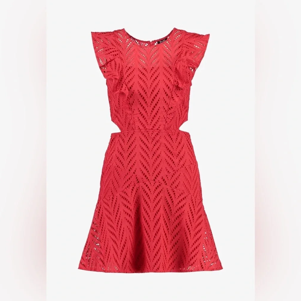 Bardot Kira Red Eyelet Ruffle Dress Size 10/L - Picture 3 of 14